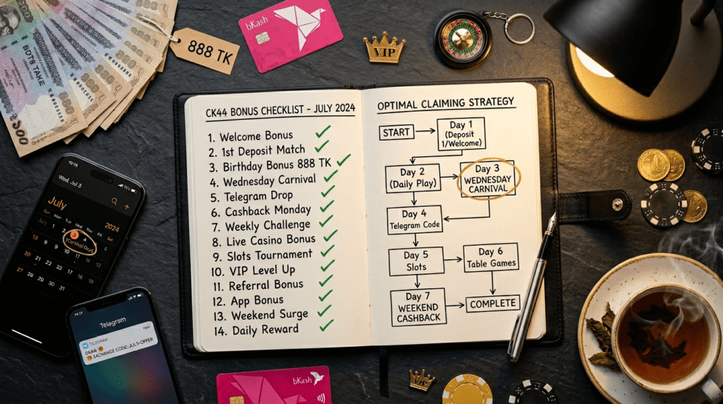 CK44 bonus strategy checklist with 14 promotions and optimal claiming flowchart Bangladesh