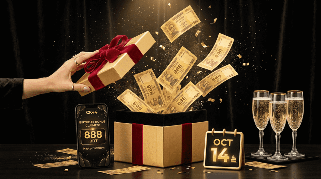 CK44 birthday bonus 888 BDT free gift celebration with golden present and champagne Bangladesh