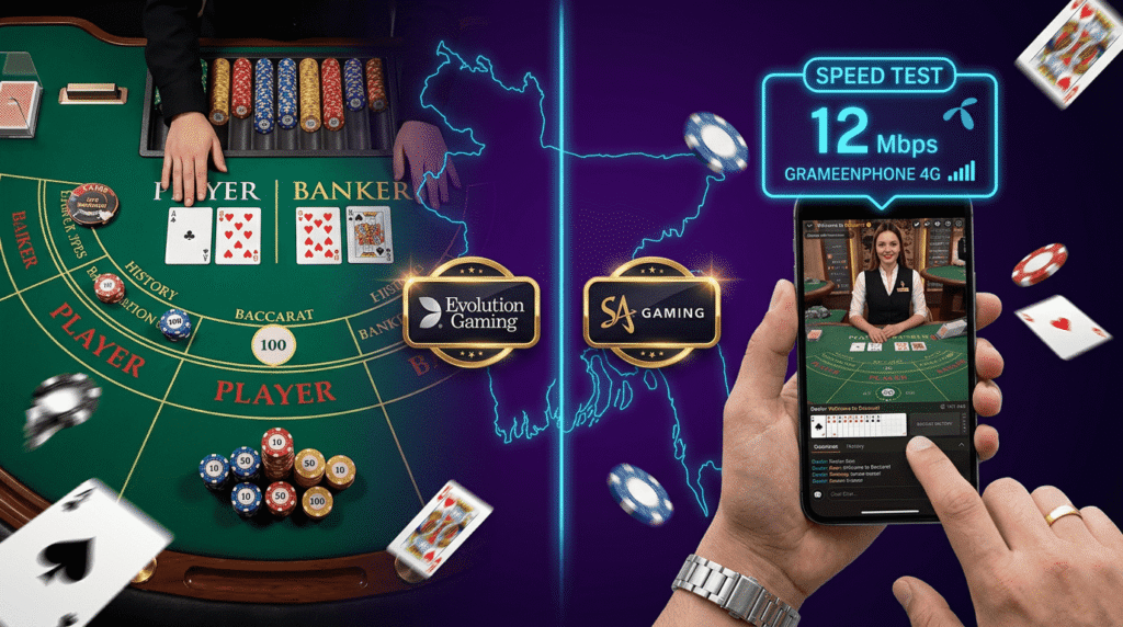 CK44 live casino review Evolution Gaming SA Gaming baccarat table with Grameenphone 4G speed test 12 Mbps Bangladesh mobile