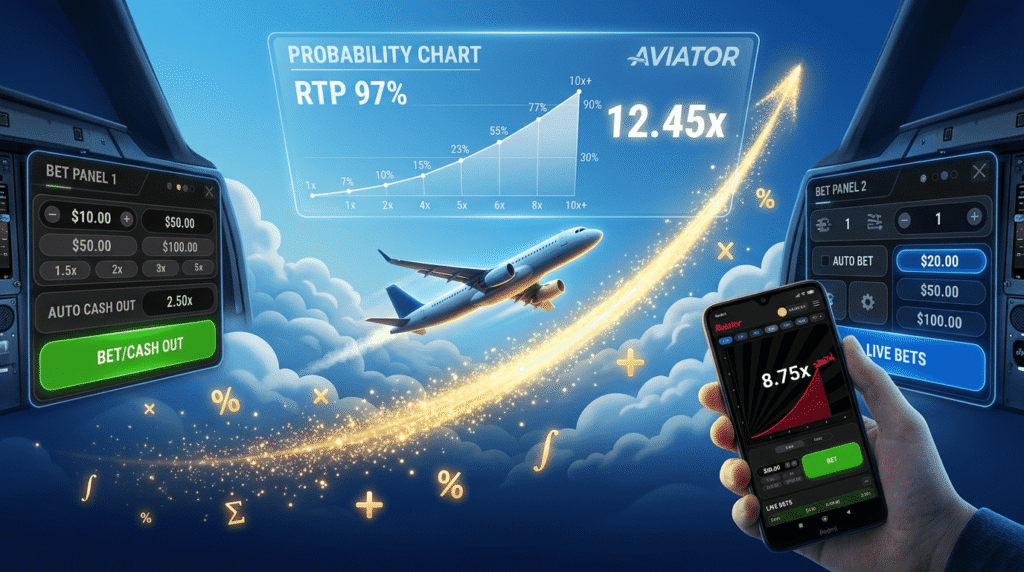 CK44 Aviator guide crash game probability chart RTP 97 percent dual bet panel cash out strategy Bangladesh mobile