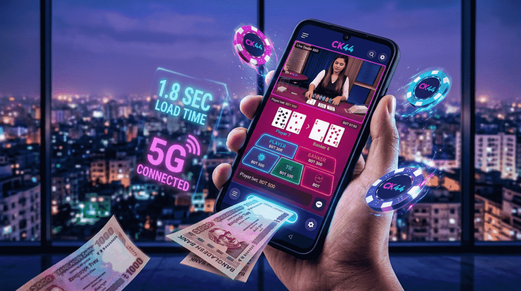 CK44 mobile app live baccarat game on Samsung Galaxy with 1.8 second load time 5G connected Bangladesh BDT