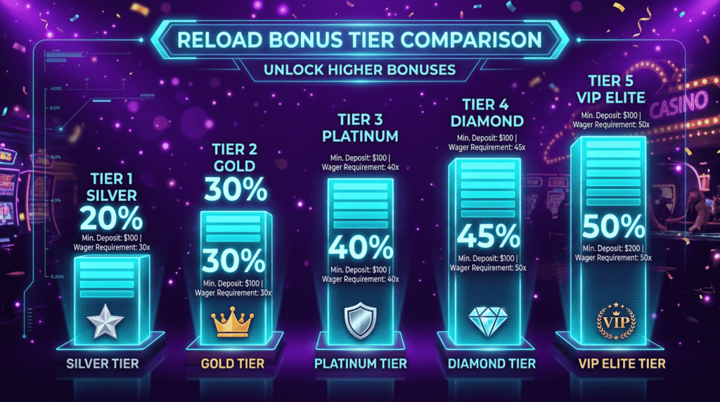 CK44 Wednesday Carnival reload bonus tier comparison showing 20% to 50% rates 2026
