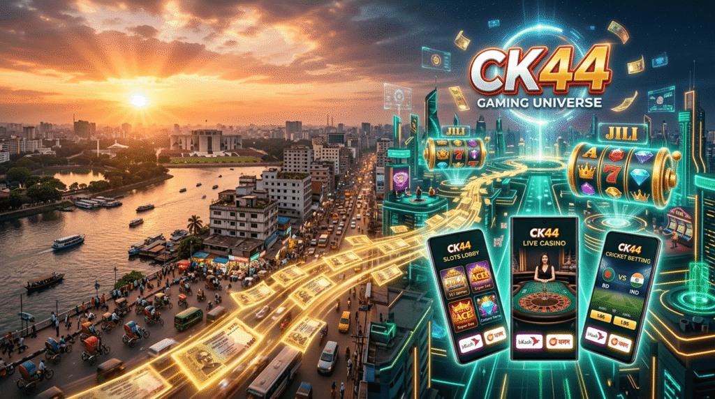 CK44 Bangladesh gaming platform Dhaka city skyline with holographic casino world