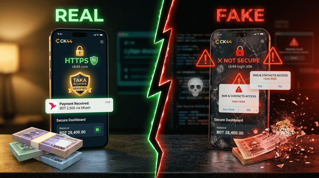 CK44 vs CK444 real vs fake platform comparison HTTPS secure versus phishing site warning Bangladesh