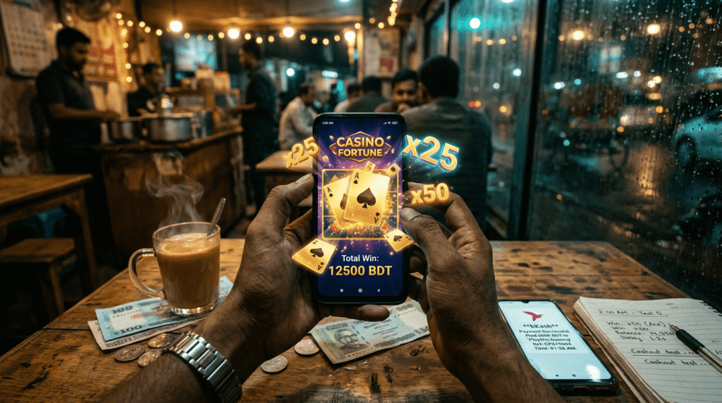 CK44 review testing at Bangladesh cha stall playing casino slots on phone with bKash payment at 2 AM