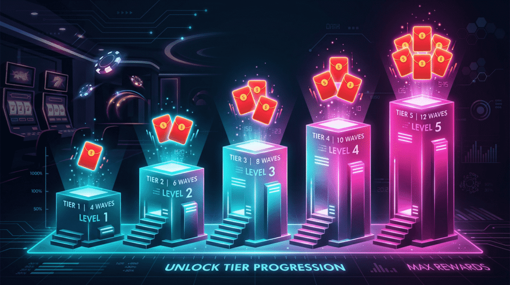 CK44 daily login rewards 5 tier unlock system showing 4 to 12 red envelope waves 2026