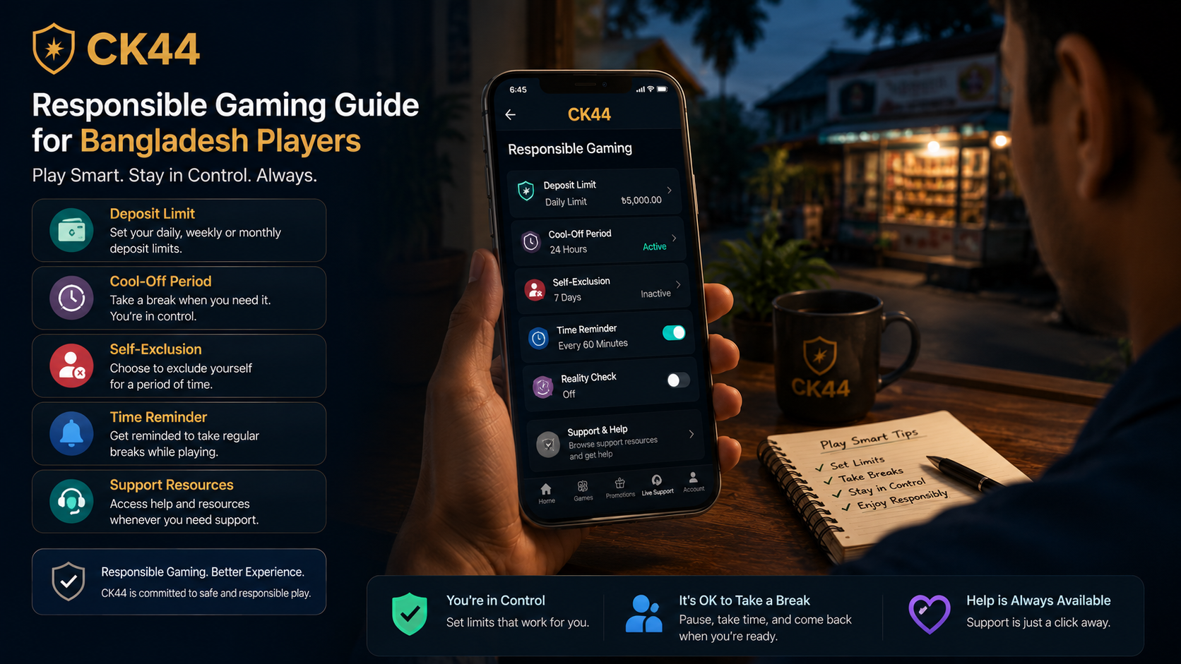 CK44 responsible gaming guide Bangladesh - self-exclusion, deposit limits, and cool-off tools explained