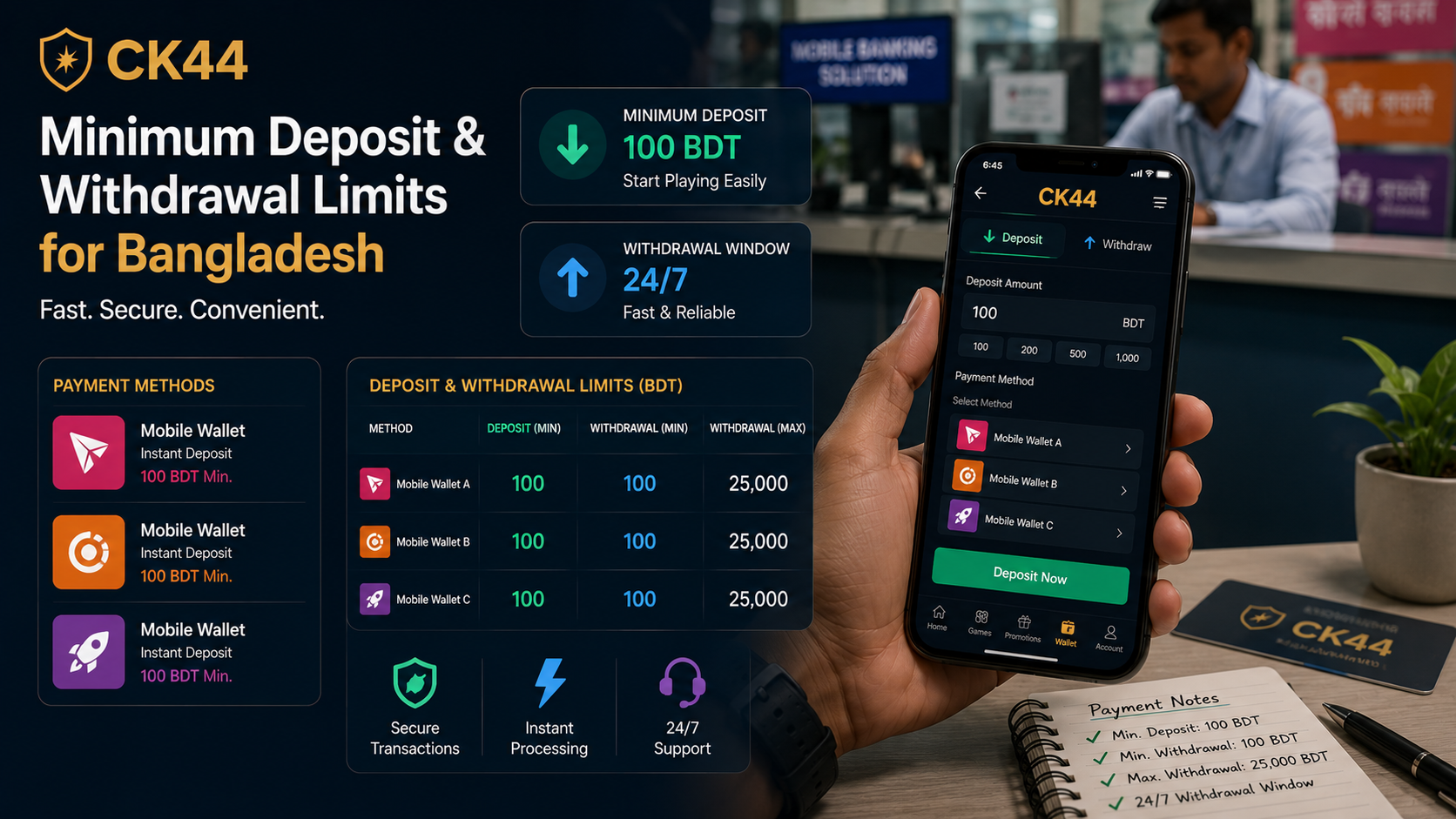 CK44 deposit and withdrawal limits Bangladesh - full BDT table by payment method with tested timing