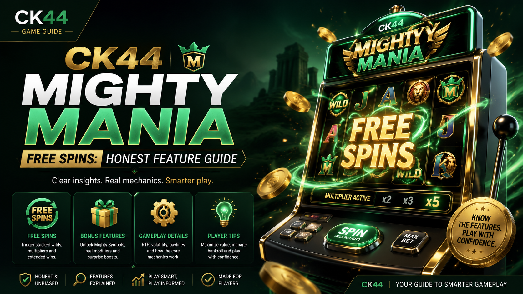 CK44 Mighty Mania free spins guide showing the scatter bonus, sticky wilds and multipliers for Bangladesh players