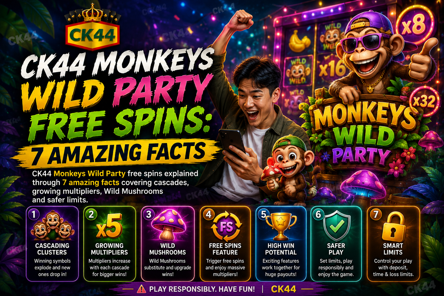 CK44 Monkeys Wild Party free spins cascade and Wild Mushrooms